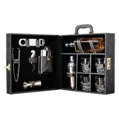 Kuber Industries Bar Set | Faux Leather Portable Bartender Kit | Cocktail Shaker Set | 4 Imported Glasses | Bar Tool Set | Barset for Picnic | Gifting for Men | Barware Set for Party | Black
