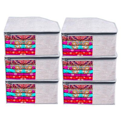 Kuber Industries Blouse Cover | Clothes Storage Bag | Jute Printed | Pack of 6 | Gray