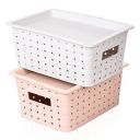 Kuber Industries BPA Free Attractive Design Multipurpose Small Trendy Storage Basket With Lid|Material-Plastic|Color-Gray,Beige|Pack of 2...