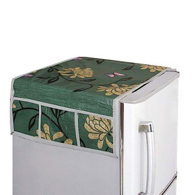 Kuber Industries Butterfly Print Fridge Cover With Side Pockets|Fridge Top Cover|Refrigerator Cover|Washable Cotton Material|6 Utility Pockets (Green)