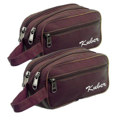 Kuber Industries Canvas Toiletry Organizer|Waterproof & Portable Travel Shaving Dopp Kit with 2 Main ComparMants and Front Zipper, Pack of 2 (Brown)