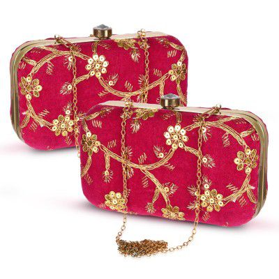 Kuber Industries Clutch Purse | Wedding Clutch | Party Hand Purse | Women’s Clutch Purse | Detachable Chain Purse | Wallet Hand Bag | Lock System Hand Bag | Pack of 2 | Pink