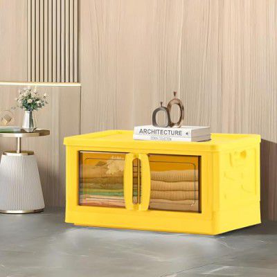Kuber Industries Collapsible & Stackable Plastic Storage Box with Lid, Wheels & Transparent Doors | Multipurpose Home & Office Storage Box for Clothes, Toys & Books | Black & Yellow