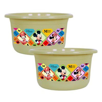 Kuber Industries Disney Check Bath Tub | Feeding Pan and Versatile Utility Gaint Tub | Plastic Bath Tub for Baby | Clothes Washing Tub for Bathroom | TUB-25 LTR | Pack of 2 | Beige