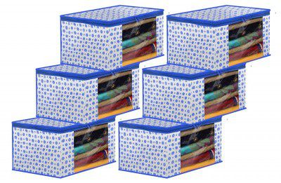 Kuber Industries Dot Printed Foldable, Lightweight Non-Woven Saree Cover/Organizer With Tranasparent Window- Pack of 6 (Blue)-46KM0497