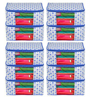 Kuber Industries Dot Printed Non-Woven Saree Cover, Cloth Organizer, Wardrobe Organiser With Tranasparent Window- Pack of 10 (Blue)-46KM0502