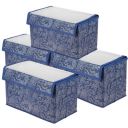 Kuber Industries Drawer Storage Box | Clothes Drawer Organizer with Handle | Transparent Lid with Velcro | Dhakkan Storage Box | Flower Print | Small | Pack of 4 | Navy Blue...