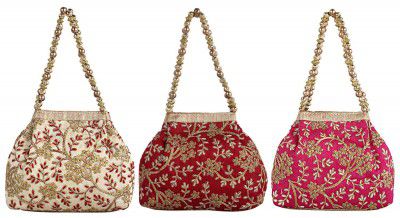 Kuber Industries Elephant Design 3 Pieces Polyester Embroidered Woman Potli Bag (CTKTC4392)