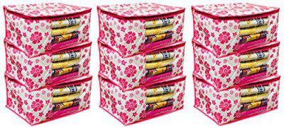Kuber Industries Floral Design 9 Piece Non Woven Saree Cover Set, Pink (NS04)
