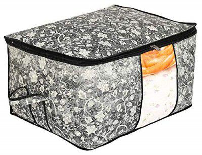 Kuber Industries Flower Print Foldable Woven Underbed Storage Bag|Large Storage Organiser|Size 65 x 45 x 31 CM (Black)-KUBMART16598(Fabric)