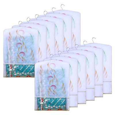 Kuber Industries Hanging Saree Cover | Non-Woven Brush Painting Pattern Saree Cover | Saree Covers for Home | Saree Cover with Small Transparent View | Pack of 12 | Golden