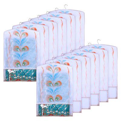 Kuber Industries Hanging Saree Cover | Non-Woven Brush Painting Pattern Saree Cover | Saree Covers for Home | Saree Cover with Small Transparent View | Pack of 12 | Peach