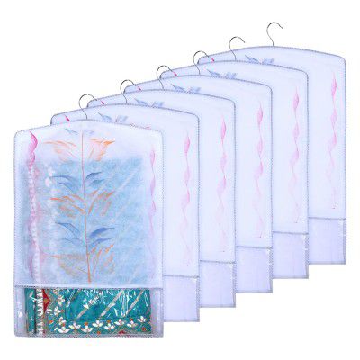 Kuber Industries Hanging Saree Cover | Non-Woven Brush Painting Pattern Saree Cover | Saree Covers for Home | Saree Cover with Small Transparent view | Pack of 6 | Gray
