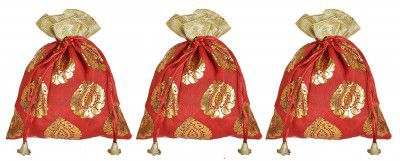 Kuber Industries Leaf Design Potli Bags Handbags for Women Gifting Wristlets for Wedding, Festival, Kitty Subh Shagun-Pack of 3 (Red)
