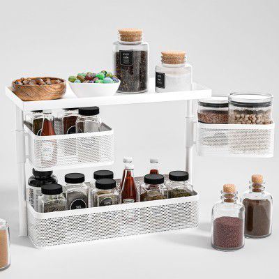 Kuber Industries Metal Kitchen Organizer Rack | 3-Tier Kitchen Counter Top for Storing Spices, Pantry Storage & Cosmetic Items | Multi-Purpose Kitchen Stand - White
