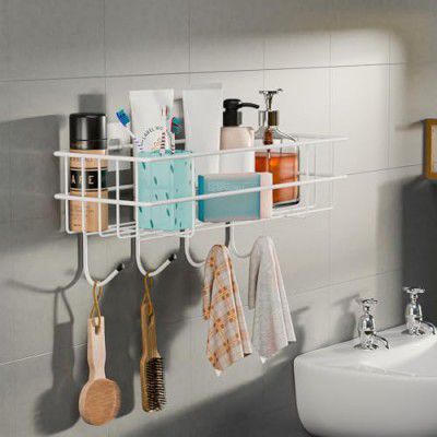 Kuber Industries Metal Self Adhesive Bathroom Organiser with Drill Screws & 4 Hooks | Bathroom Shelf for Wall Adhesive | Bathroom Stand/Rack for Shampoo | Bathroom Accessories Holder | White