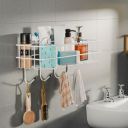 Kuber Industries Metal Self Adhesive Bathroom Organiser with Drill Screws & 4 Hooks | Bathroom Shelf for Wall Adhesive | Bathroom Stand/Rack for Shampoo | Bathroom Accessories Holder | White...