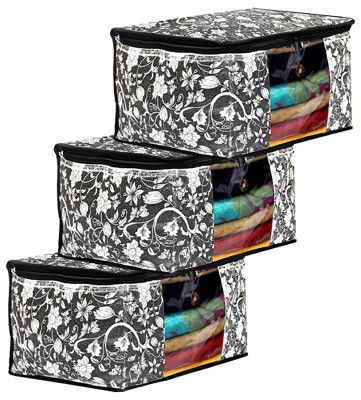 Kuber Industries Metalic Flower Print 3 Piece Non Woven Fabric Saree Cover/Clothes Organiser For Wardrobe Set