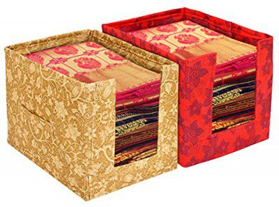 Kuber Industries Metalic Flower Print Foldable Rectangle Cloth Saree Stacker Cloth Wardrobe Organizer- Pack of 2 (Beige & Red)