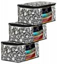Kuber Industries Metalic Flower Print 3 Piece Non Woven Fabric Saree Cover/Clothes Organiser For Wardrobe Set with Transparent Window, Extra Large (Black)-KUBMART16517...