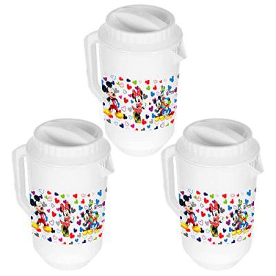 Kuber Industries Mickey & Friends Print Unbreakable Plastic Water Jug with Lid for Home, Kitchen, Office 2 Liter Pack of 3 (White)