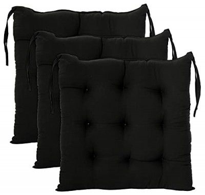 Kuber Industries Microfiber Square Chair Pad Seat Cushion for Car Pad, Office Chair, Indoor/Outdoor, Dining Living Room, Kitchen with Ties-Pack of 3, 18 * 18 Inch (Black)