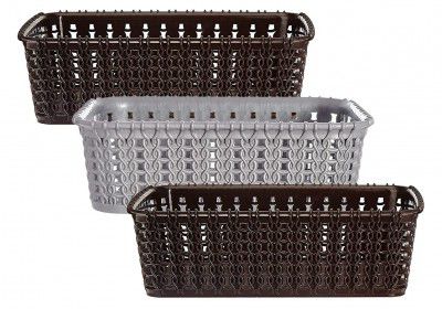 [Pack of 3] Kuber Industries Multipurposes Small M 15 Plastic Basket, Organizer for Kitchen, Countertops, Cabinets, Bathrooms Without Lid- (Brown & Grey & Brown) -46KKM0130, Standard