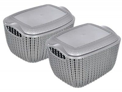 Kuber Industries Multiuses Small M 25 Plastic Basket/Organizer With Lid- Pack of 2 (Grey) -46KM029