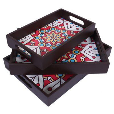 Kuber Industries Nested Serving Trays|Wooden Mandala Square Design Farmhouse Platter|Rectangular Shape Coffee Table Trays  