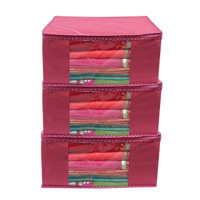 Kuber Industries Non Woven Saree Cover|Zipper Closer with Transparent Window|Size 43 x 35 x 22 cm|Pack of 3 (Pink)-CTKTC6416