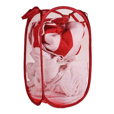 Kuber Industries Nylon Mesh Laundry Basket|Foldable Laundry Bag|Netted Lightweight Laundry Organizer|Reinforced Handle With Sturdy Base "30"LTR (Red)