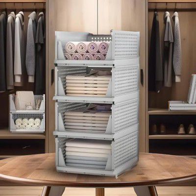 Kuber Industries (Pack of 4) Foldable Cupboard Organizer For Clothes - Stackable Closet Organizer For Wardrobe - For Shirt | T shirt | Jeans - Plastic Cupboard Dress Racks For Clothes Storage (Grey)