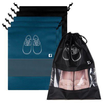 Kuber Industries Pack of 6 Shoe Bags for Travel | Non-Woven Storage Organizers Set | Cover With Transparent Window | Dori Cover | Navy Blue & Black