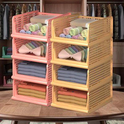 Kuber Industries (Pack of 8 Foldable Cupboard Organizer For Clothes - Stackable Organizer For Wardrobe - For Shirt | Pants | Jeans - Plastic Cupboard Dress Racks For Clothes Storage (Peach and Ivory)