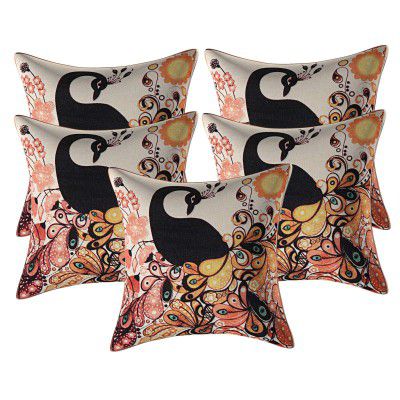 Kuber Industries Peacock 5 Piece Jute Cushion Cover - 16x16, Black