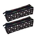 Kuber Industries Pencil Pouch | Rexine Stationary Pouch | Pencil Utility Pouch | School Pencil Case for Kids | 2 Zipper Pencil Organizer | Star Pencil Pouch | Pack of 2 | Black...