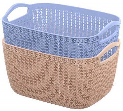 Kuber Industries Plastic 2 Pieces Multipurpose Medium Size Flexible Storage Baskets/Fruit Vegetable Bathroom Stationary Home Basket with Handles (Peach & Grey) -CTKTC039078
