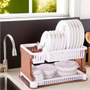 Kuber Industries Plastic 2 Tier Dish Drainer Rack for Kitchen | Kitchen Vessels Storage Rack | Bartan Stand | Drainer Drying Rack Washing Basket with Tray | Kitchen Utensils Organizer | Brown & White...