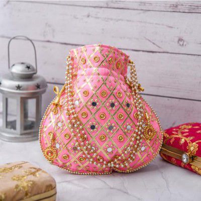 Kuber Industries Potli | Wedding Potli | Drawstring Potli with Handle | Wallet Potli | Christmas Gift Potli | Baby Shower Potli | Mirror Check-Shagun Potli | Pink