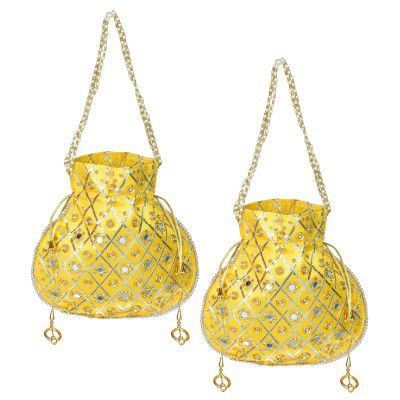 Kuber Industries Potli | Wedding Potli | Drawstring Potli with Handle | Wallet Potli | Christmas Gift Potli | Baby Shower Potli | Mirror Check-Shagun Potli | Pack of 2 | Yellow