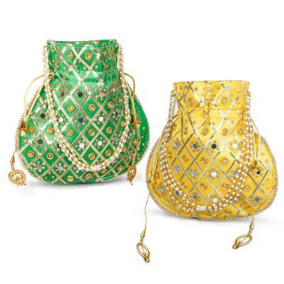 Kuber Industries Potli | Wedding Potli | Drawstring Potli with Handle | Wallet Potli | Christmas Gift Potli | Baby Shower Potli | Mirror Check-Shagun Potli | Pack of 2 | Multi