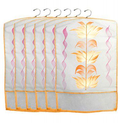 Kuber Industries Printed 6 Piece Non Woven Hanging Saree Cover Wardrobe Organiser (Cream) -CTLTC38942