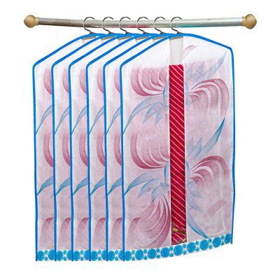 Kuber Industries Printed 6 Piece Non Woven Hanging Embroidered Saree Cover Wardrobe Organiser (Blue) - CTKTC23148