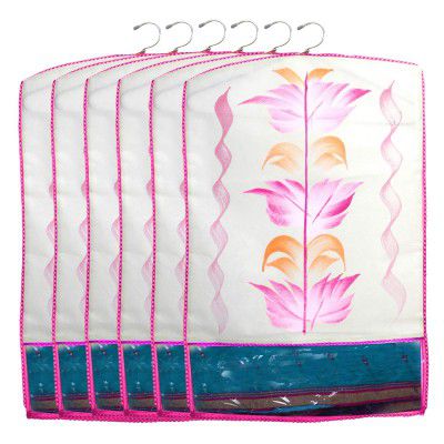 Kuber Industries Printed 6 Piece Non Woven Hanging Saree Cover Wardrobe Organiser (Pink) - (CTLTC038930)