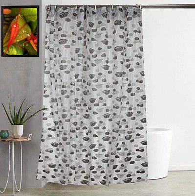 Kuber Industries PVC Floral Shower Curtain with Hooks, Standard, Grey, 1 Piece