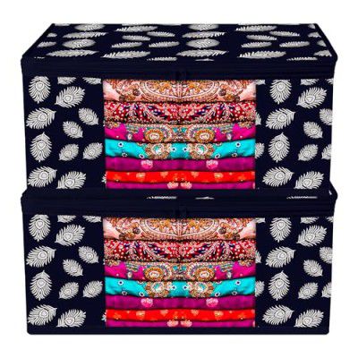 Kuber Industries Saree Cover Bag | Clothes Storage Bag | Storage Organizer Bag | Zip Closure Saree Cover Bag | Wardrobe Organizer | Peacock Feather-Design | 6 Inch | Pack of 2 | Navy Blue
