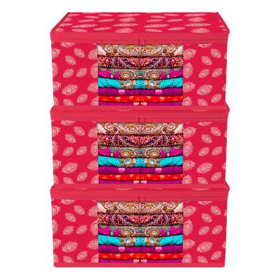 Kuber Industries Saree Cover Bag | Clothes Storage Bag | Storage Organizer Bag | Zip Closure Saree Cover Bag | Wardrobe Organizer | Peacock Feather-Design | 6 Inch | Pack of 3 | Pink