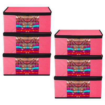 Kuber Industries Saree Cover Bag | Zip Closure Saree Cover Bag | Clothes Storage Bag | Wardrobe Organiser for Suit | Transparent Window Saree Cover Bag | Plain-Black Border | 9 inch | Pack of 6 | Pink