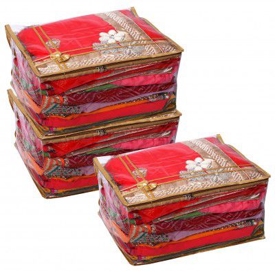 Kuber Industries Saree Covers with Zip|Clothes Storage Bag|Garment Bag for Travel, Wedding, Storage|Bow Design|Transparent PVC|Set of 3 (Gold)