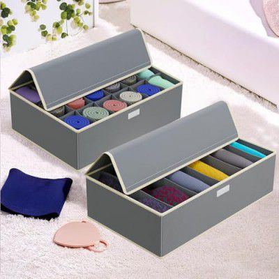 Kuber Industries Set of 2 Foldable Multicompartment Socks Organizer for Wardrobe | LJ-17-GRY | Grey